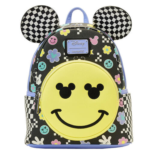Black and purple mini backpack with Y2K motifs like smiley faces, hearts, and flowers, with a yellow smiley face on the front pocket with Mickey Mouse silhouettes for the eyes and with checkered Mickey Mouse ears on the top of the bag.